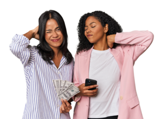 Latin businesswomen with money, phone suffering neck pain due to sedentary lifestyle.