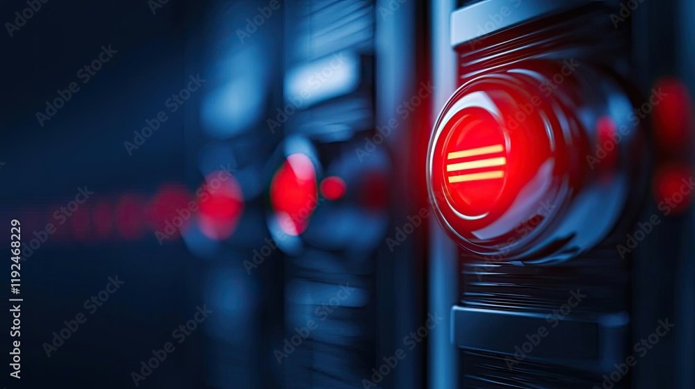 Poster Fire alarm idea. Close-up of illuminated server buttons in a modern data center with a sleek design.