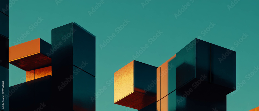 Aufkleber Dynamic interlocking cubes create a striking modern architectural form under the sky