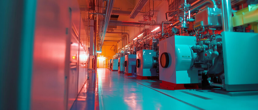 Interior view of advanced machinery in a power plant focused on energy production