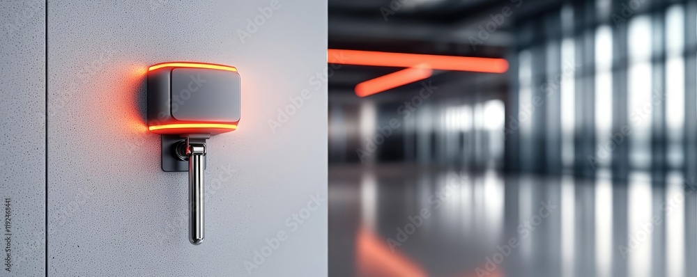 Poster fire alarm idea. modern digital lock system with vibrant glow in a sleek interior setting.