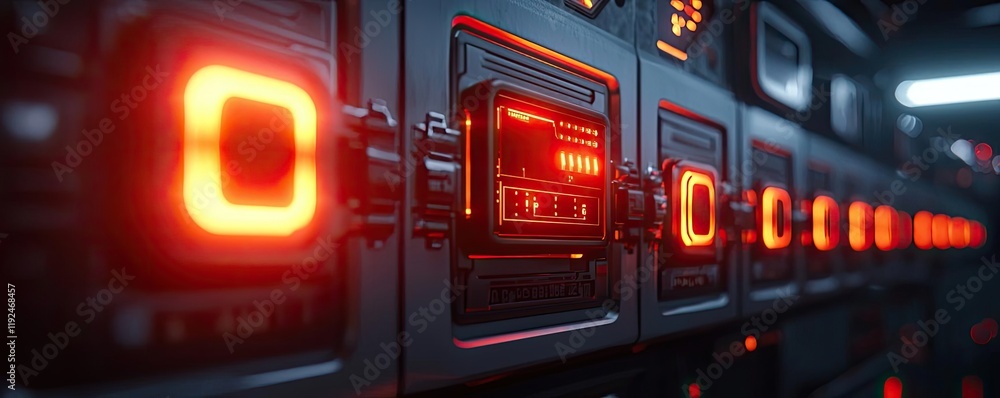 Poster Fire alarm idea. Futuristic control panel with glowing red buttons and complex circuitry.