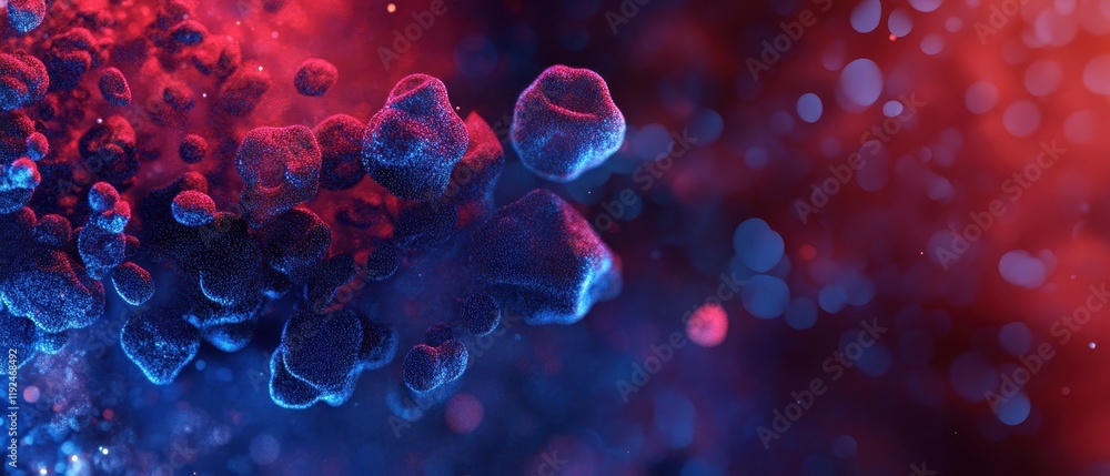 Poster abstract microscopic cellular structures with red and blue gradient background.