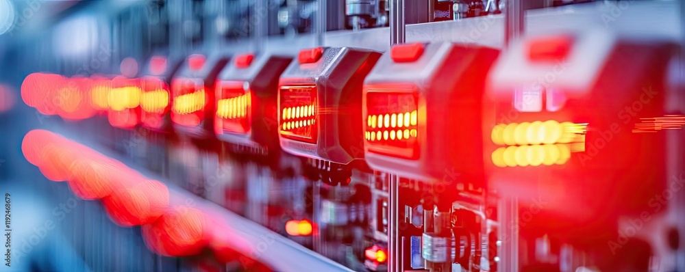 Aufkleber Fire alarm idea. Close-up of a row of servers with illuminated red indicators in a data center.