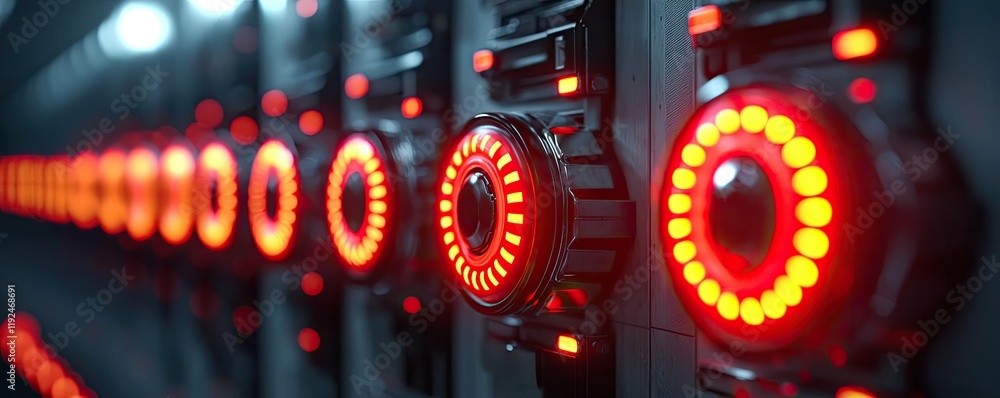 Leinwandbilder fire alarm idea. close-up of illuminated control panel with red lights in a high-tech environment.