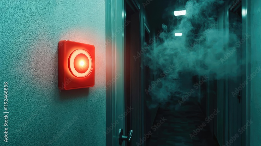 Poster fire alarm idea. a red alarm light flashing in a corridor surrounded by smoke indicating a fire haza
