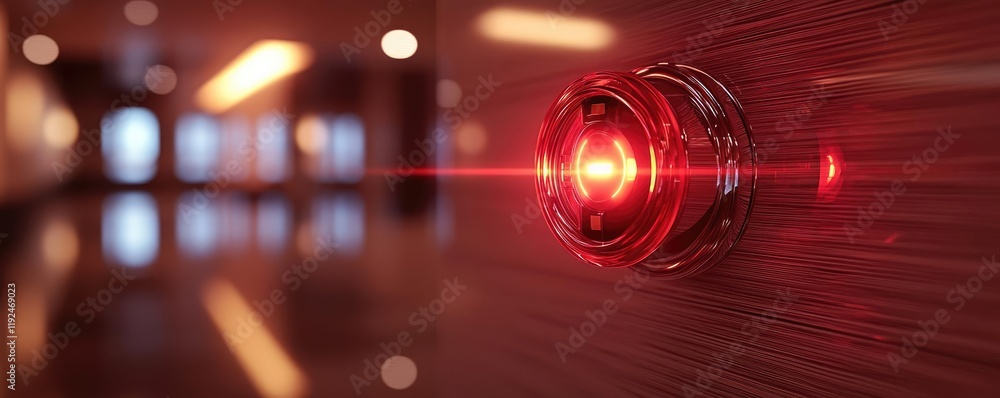 Poster Fire alarm idea. Close-up of a red laser beam from a stylish sensor in a modern building hallway.