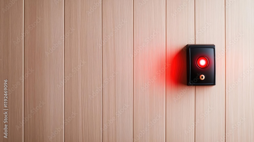 Poster fire alarm idea. a close-up view of a red indicator light mounted on a wooden wall.