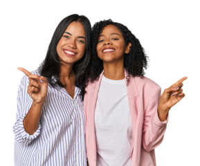 Young Latin businesswomen in studio pointing to different copy spaces, choosing one of them, showing with finger.