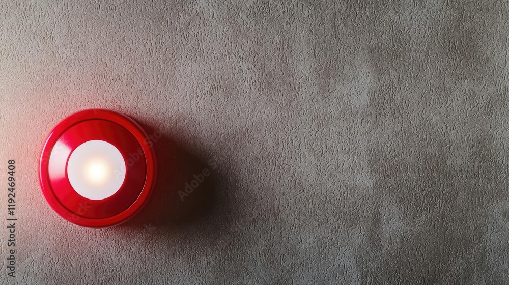 Poster fire alarm idea. a close-up of a modern red alarm button against a textured wall background.