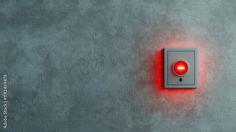 Poster fire alarm idea. a glowing red alarm button on a textured wall, symbolizing urgent attention needed.