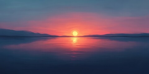 Serene Sunset Over Still Lake Vibrant Pink and Orange Hues, Painterly Digital Art