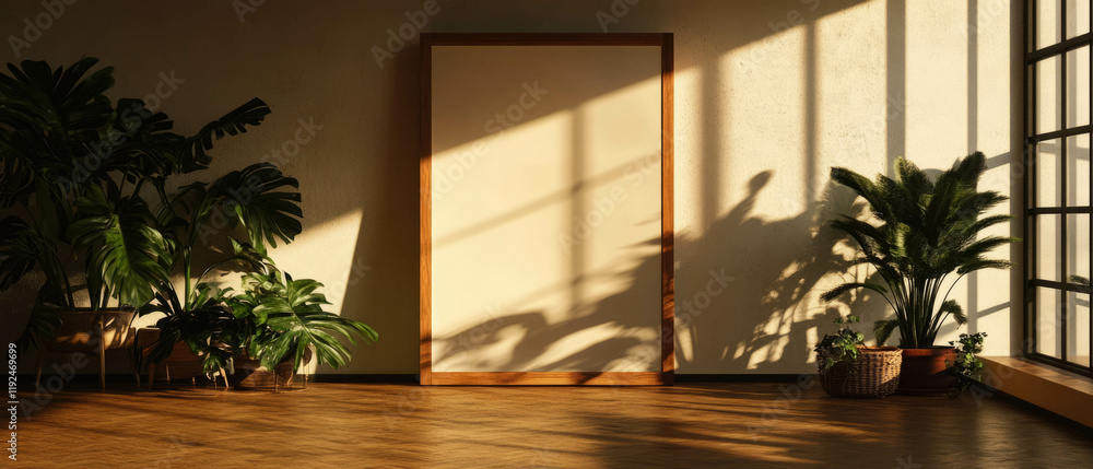 Poster large rectangular mirror in a sunlit space with wooden frame and plants accentuating the room