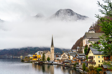 The Evangelical Church (Evangelische Kirche - Pfarrkirche) of Hallstatt, Austria is seen. This church has become Hallstatt symbol and is the most photographed structure. © Bulent