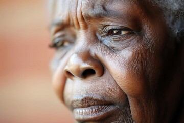 Close-up portrait of an elderly woman with a thoughtful and melancholic expression, focusing on her wrinkled face and deep emotion, evoking a sense of sadness and reflection