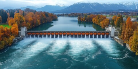 Beautiful natural energy hydropower dam, where nature and technology coexist in harmony. The power of water is harnessed while preserving the environment's pristine beauty