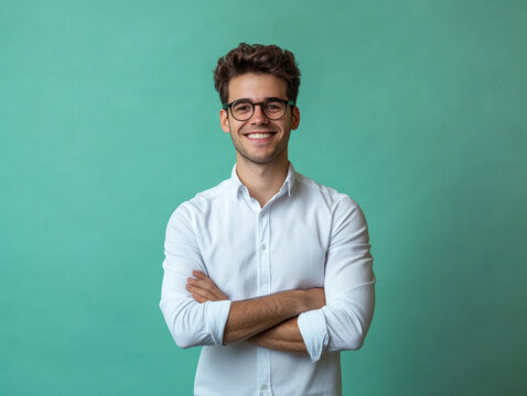 Portrait of a smiling man in her 20s standing on a solid color background, luminous, business cloth