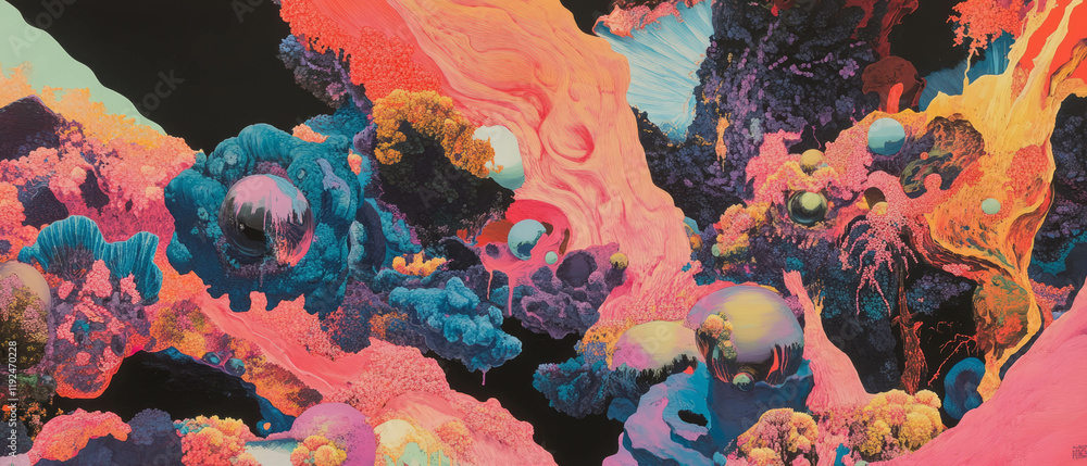 Poster Vibrant patterns and intricate textures create a visual overload of layered colors