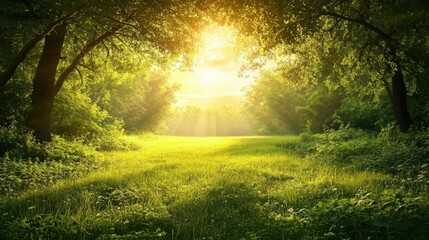 Obraz premium Enchanted Forest Clearing with Golden Sunlight Streaming Through Canopy.