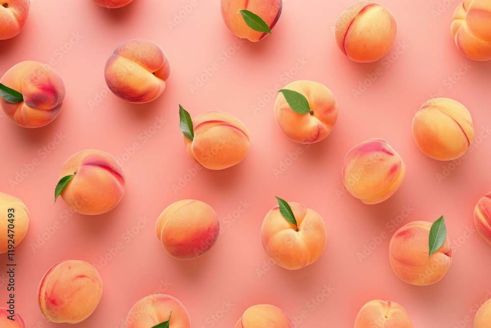 Poster fresh peaches with leaves arranged on a pink background creating a vibrant and appetizing summer fru