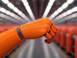 robotic orange arm with clenched fist in futuristic industrial setting, showcasing advanced technology
