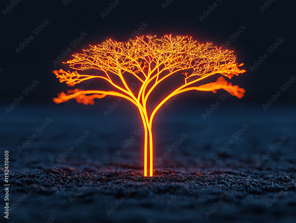 Poster glowing digital tree symbolizing innovation and technology branching into various industries