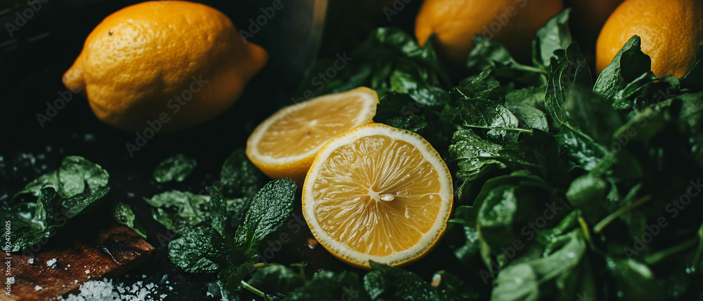 Poster fresh lemons and herbs create a vibrant culinary experience in a rustic kitchen setting