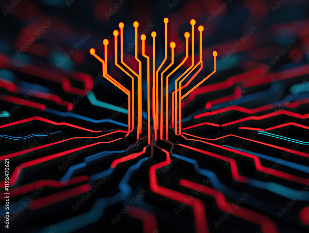 Poster glowing digital tree symbolizing innovation branching into various industries