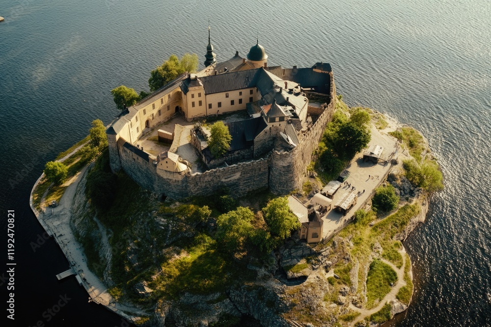 Poster aerial shot of a castle situated on a small island, suitable for use in travel or fantasy concepts