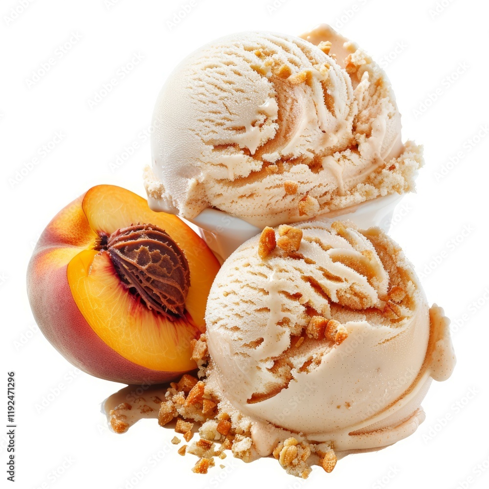 Poster two scoops of peach ice cream with crumble topping and a fresh peach slice, creating a refreshing su