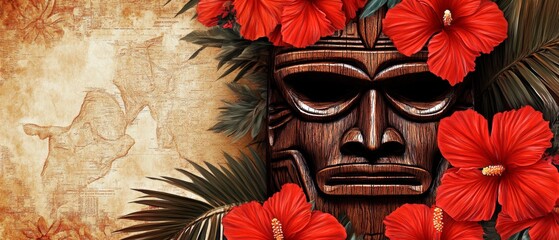 Traditional wooden tiki masks and red hibiscus flowers framing vintage grunge background with palm leaves and aztec patterns, designed in retro tropical style. Generative AI