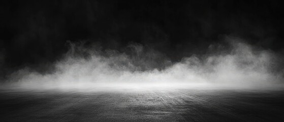 A minimalist black and white scene with white fog or smoke hovering over a dark reflective surface. Generative AI