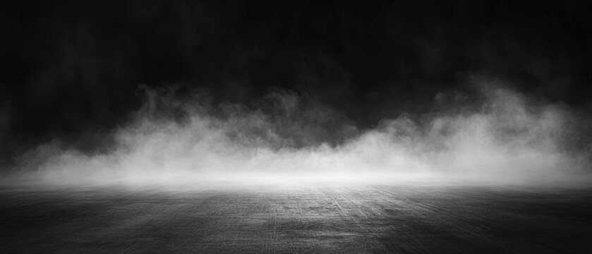 A minimalist black and white scene with white fog or smoke hovering over a dark reflective surface. Generative AI