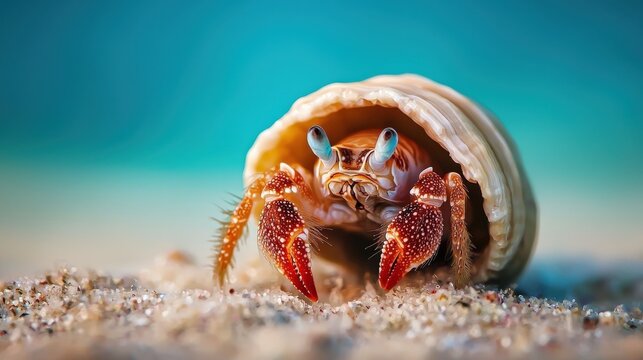A macro shot of a tiny hermit crab peeking out of its shell on the ocean floor