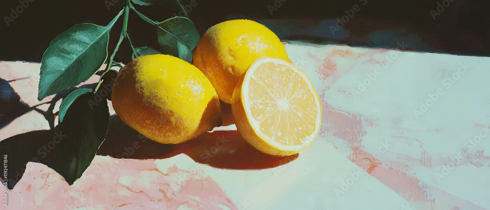 Poster bright lemons casting shadows with dramatic citrus lighting on a textured surface