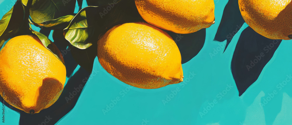 Poster bright lemon patterns with cheerful yellow tones on a vibrant aqua background