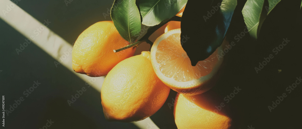 Poster bright lemon shadows create dramatic contrasts in citrus lighting on a sunny day
