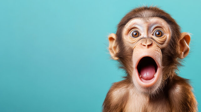 Surprised monkey with wide open mouth against turquoise background, showcasing playful and curious expression. This captures essence of wildlife and animal behavior