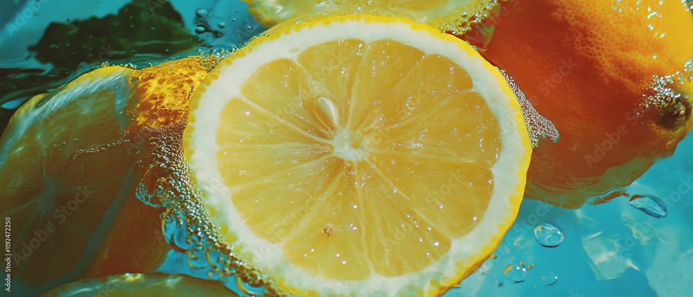 Poster Vibrant lemon textures with bumpy skin create tactile visual interest in a refreshing setting