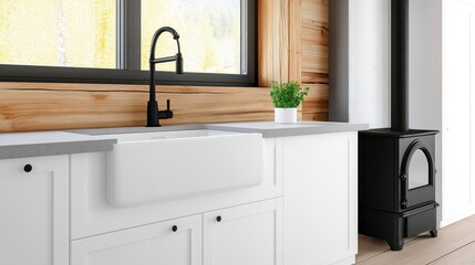 Modern Kitchen Interior with Sink, Black Faucet, and Wood Accents