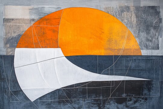 Abstract art piece featuring geometric shapes and vibrant colors, blending orange and white against a textured gray background. Ideal for modern decor and design.