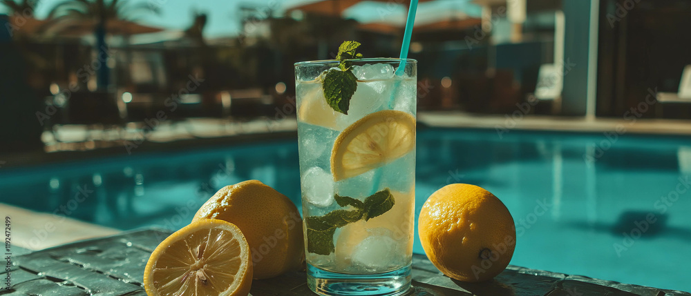 Poster refreshing lemonade with ice cubes by the poolside on a sunny summer day
