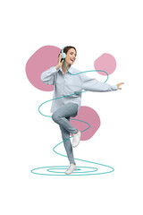 Creative abstract template collage of young woman positive energetic happy listen enjoy melody...