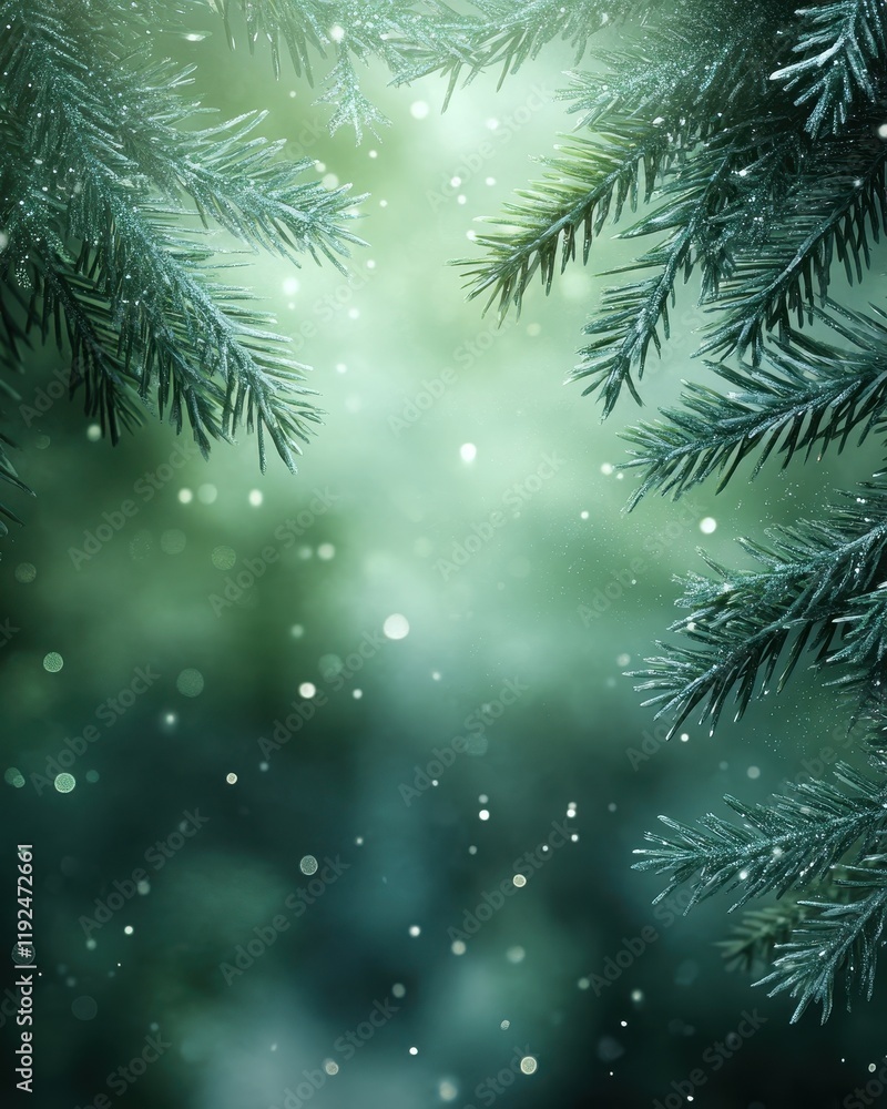 Poster ethereal winter scene close-up of frosty pine branches with bokeh lights and falling snow effect.