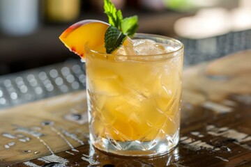 Peach cocktail is garnished with a fresh peach slice and mint sprig on a bar