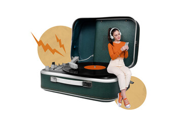 Retro abstract creative artwork template collage of young beautiful girl sit vinyl recorder listen retro music headphones device playlist