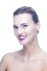 Fototapeta premium Winsome Beautiful Young Sensual Woman with Clean Fresh Skin And Face as Girl Facial Treatment, Cosmetology, Beauty and Spa Concept Isolated