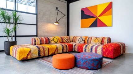 Vibrant Modern Living Room with Colorful Furniture and Art