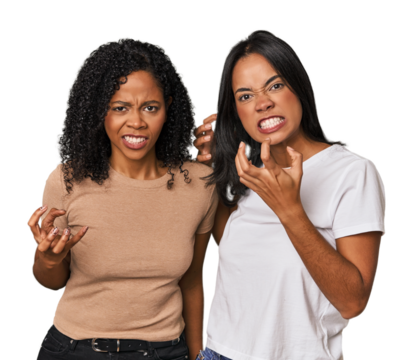 Young Latin friends in studio upset screaming with tense hands.