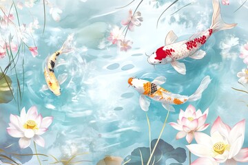 Koi fish swimming in clear water surrounded by pink lotus flowers, serene pond scene ideal for wellness, tranquility, and nature themes in decorative art.